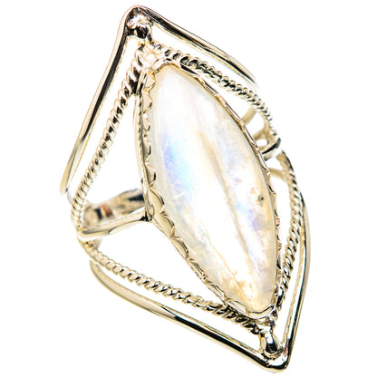 Marquise moonstone ring, rainbow sheen, polished 925 sterling silver, size 9