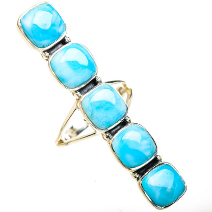 Larimar row ring with five oval light-blue stones in silver settings, side view