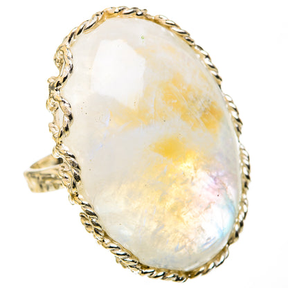 Oval rainbow moonstone ring with twisted rope setting, side view