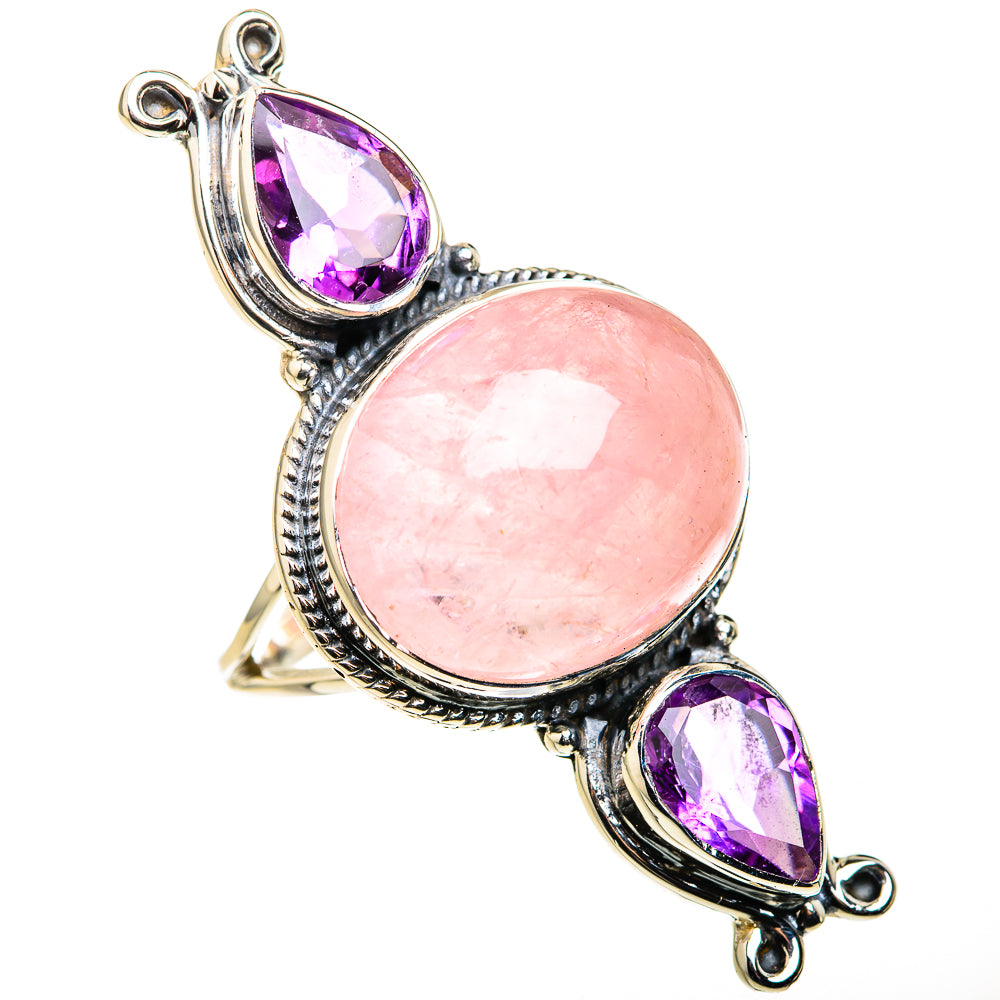 Sterling silver ring with oval pink rose quartz center and two purple amethyst stones