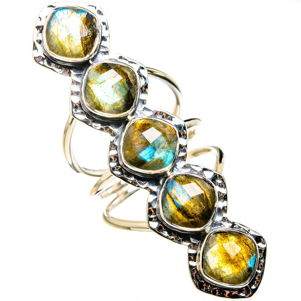 925 sterling silver ring with five oval labradorite bezel gemstones