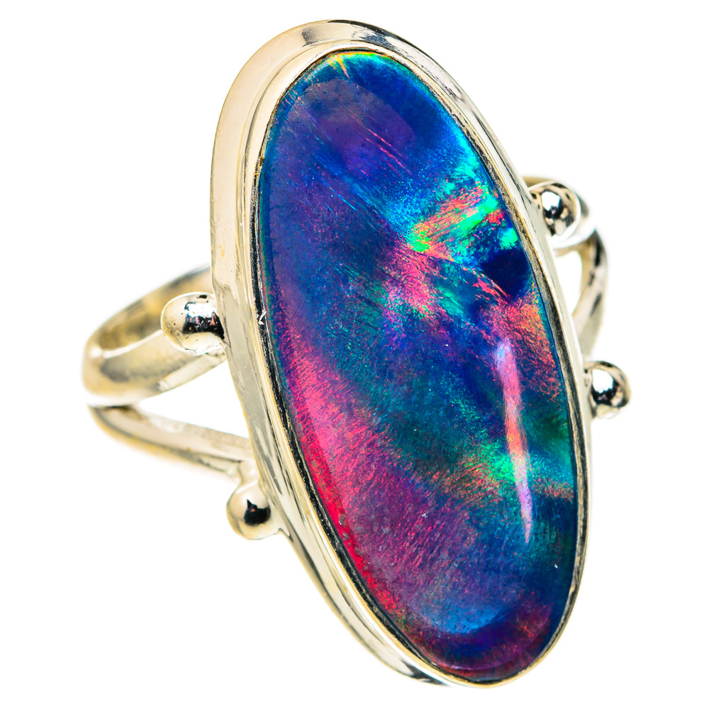 Oval bezel opal ring in 925 sterling silver, rainbow iridescent stone, size 7