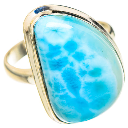 Sterling silver Larimar ring, oval cabochon blue stone in raised bezel