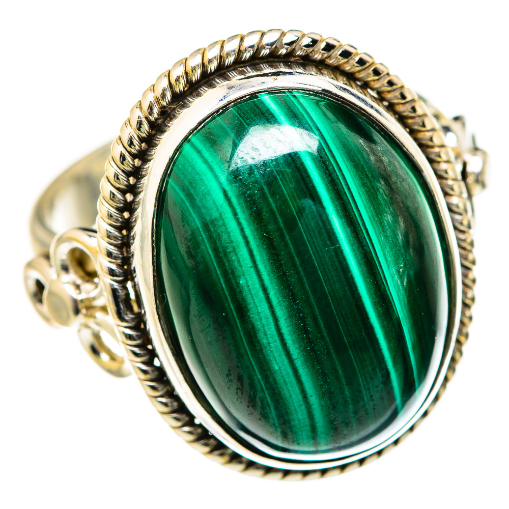 Sterling silver malachite ring with oval green cabochon and raised rope-edged setting