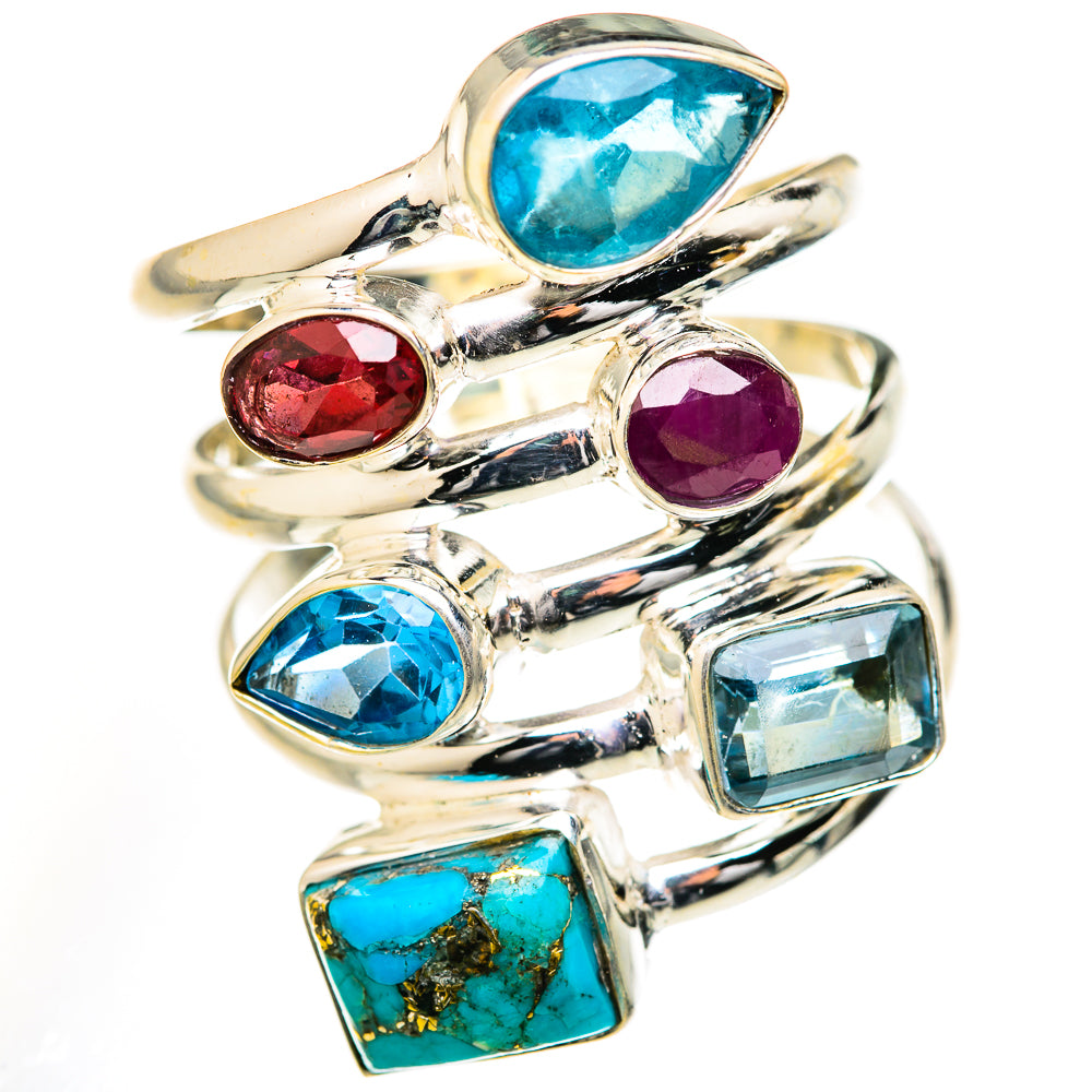 Sterling silver stacking ring with blue pear, maroon oval, purple round, and turquoise square