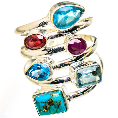 Sterling silver stacking ring with blue pear, maroon oval, purple round, and turquoise square