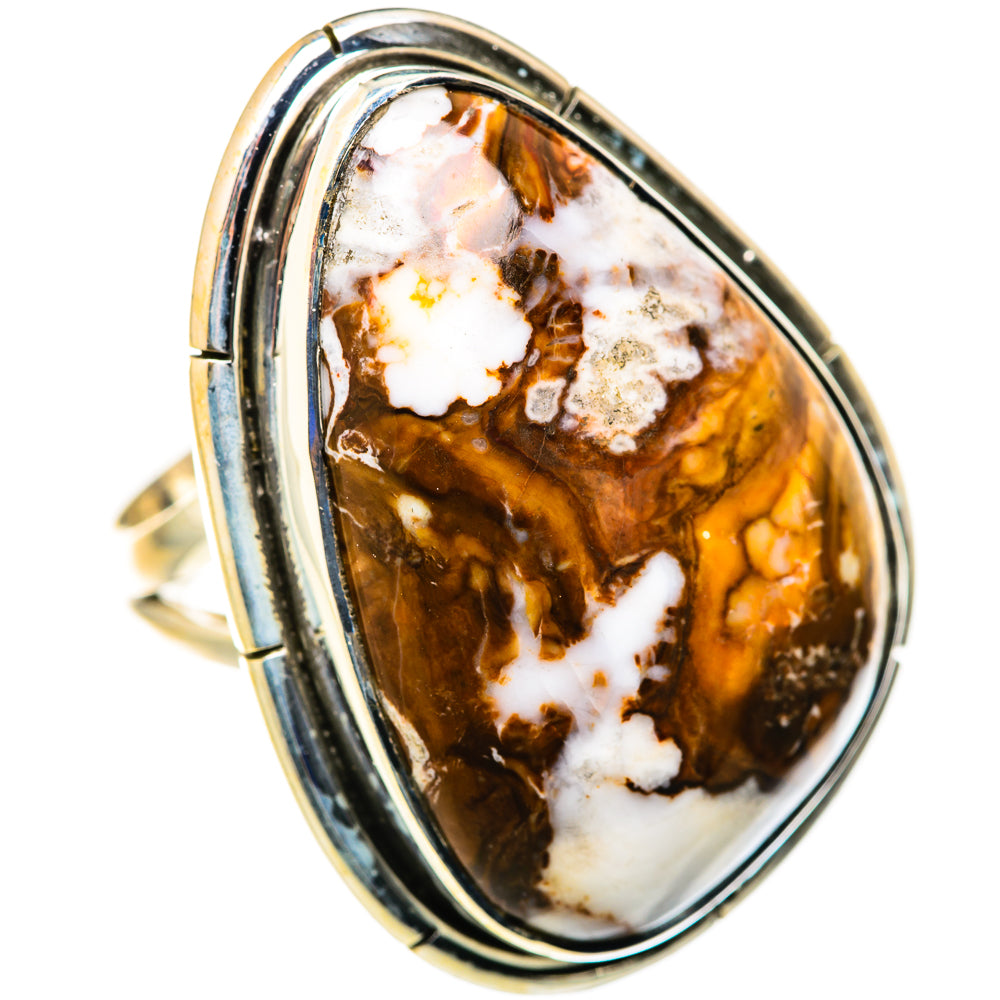 Sterling silver ring with oval wood-pattern jasper center, white and brown marbling
