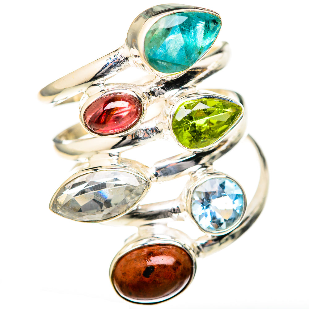 Sterling silver multi-stone ring with teal, red, green, blue and clear oval cabochons