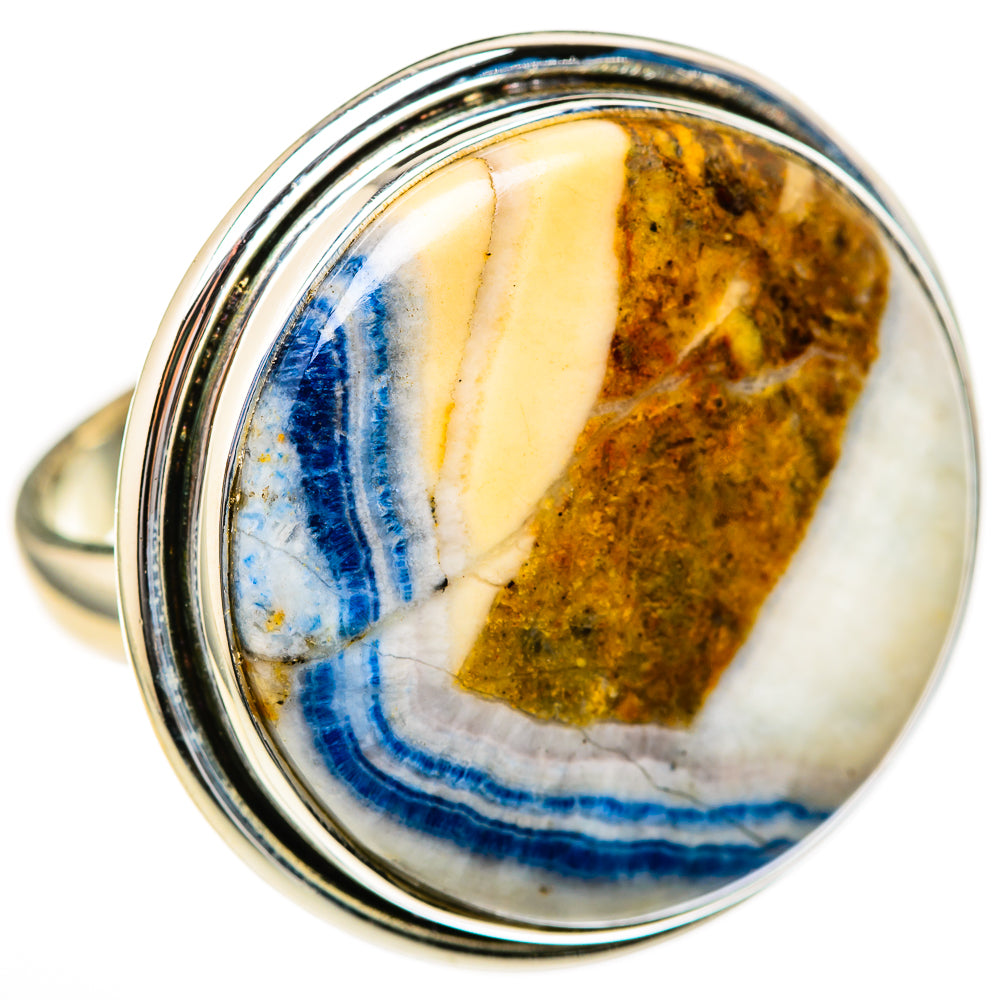 Sterling silver oval ring with blue-and-yellow scheelite cabochon in bezel setting