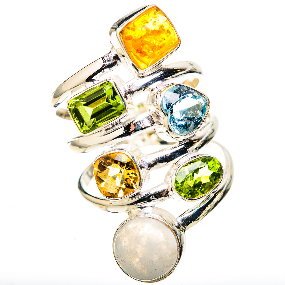 Silver ring with oval moonstone and colorful bezel-set stones: amber, blue, green, yellow.