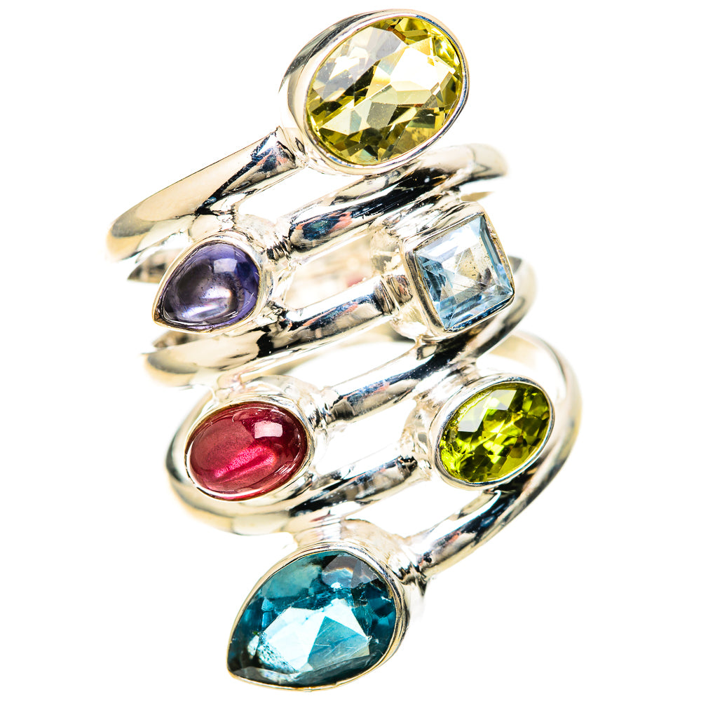 925 silver ring with oval yellow-green, blue, purple, red, and green gemstones