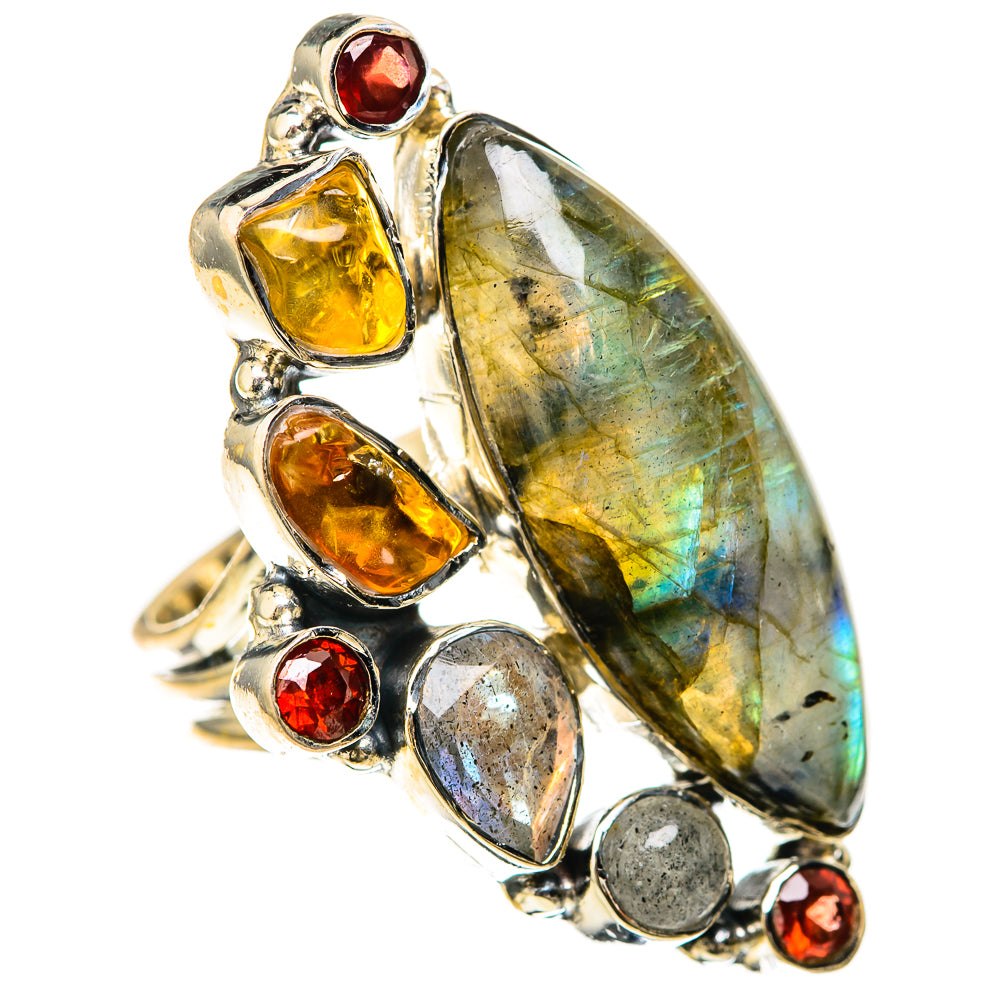 Sterling silver gemstone ring with oval labradorite center, yellow and red stones on sides