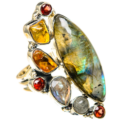 Sterling silver gemstone ring with oval labradorite center, yellow and red stones on sides