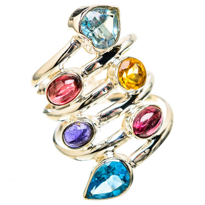 925 sterling silver ring with blue gemstone teardrop and red, purple, yellow stones