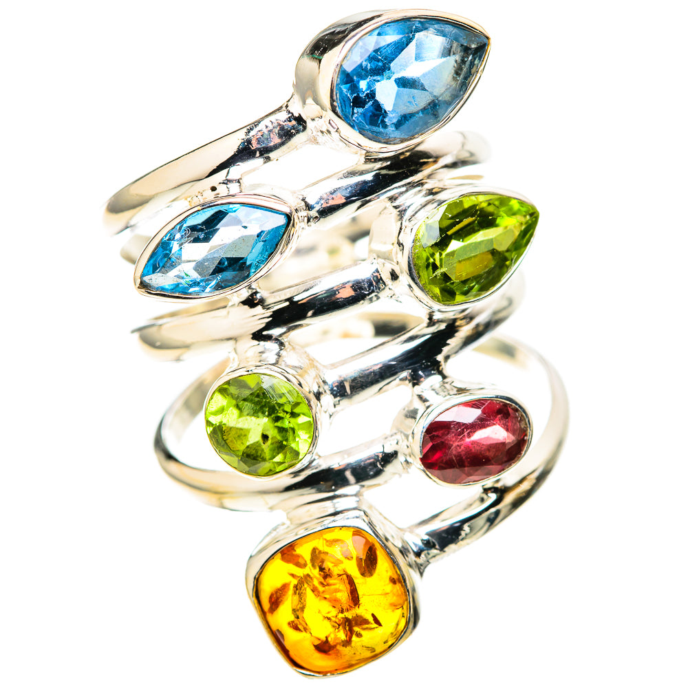 Sterling silver ring with oval blue topaz and peridot stones plus red and amber highlights
