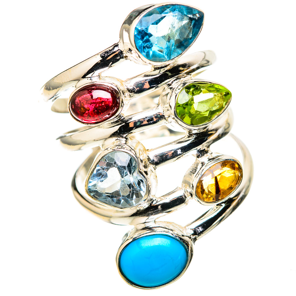 Sterling silver multi-gemstone ring with large blue oval, green, red and clear stones