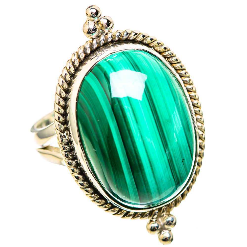 Malachite cabochon sterling silver ring with oval green stone and rope bezel