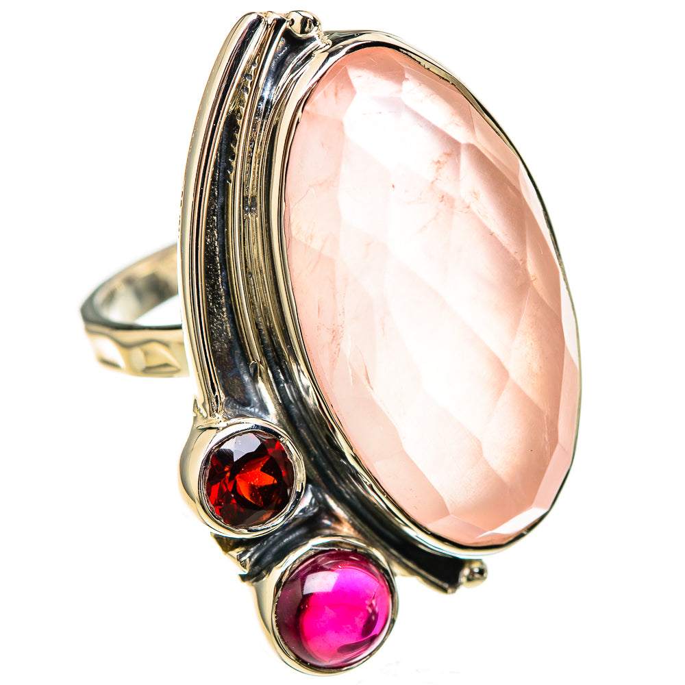 Oval rose quartz pink ring with two round red and magenta stones, silver band