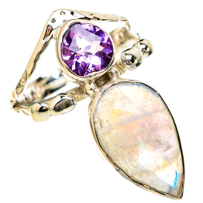 Sterling silver ring featuring round purple amethyst and iridescent teardrop moonstone