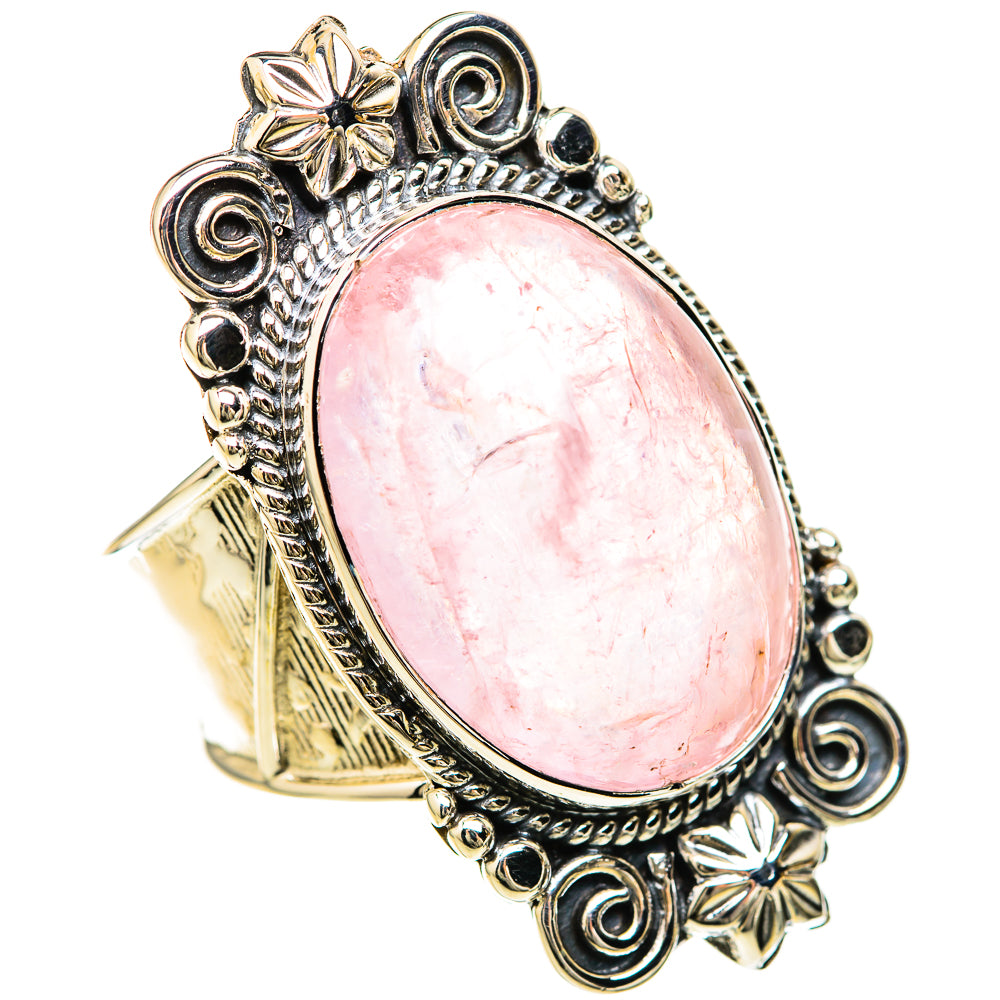 Sterling silver rose quartz oval ring with swirls and flower border, size 8.75
