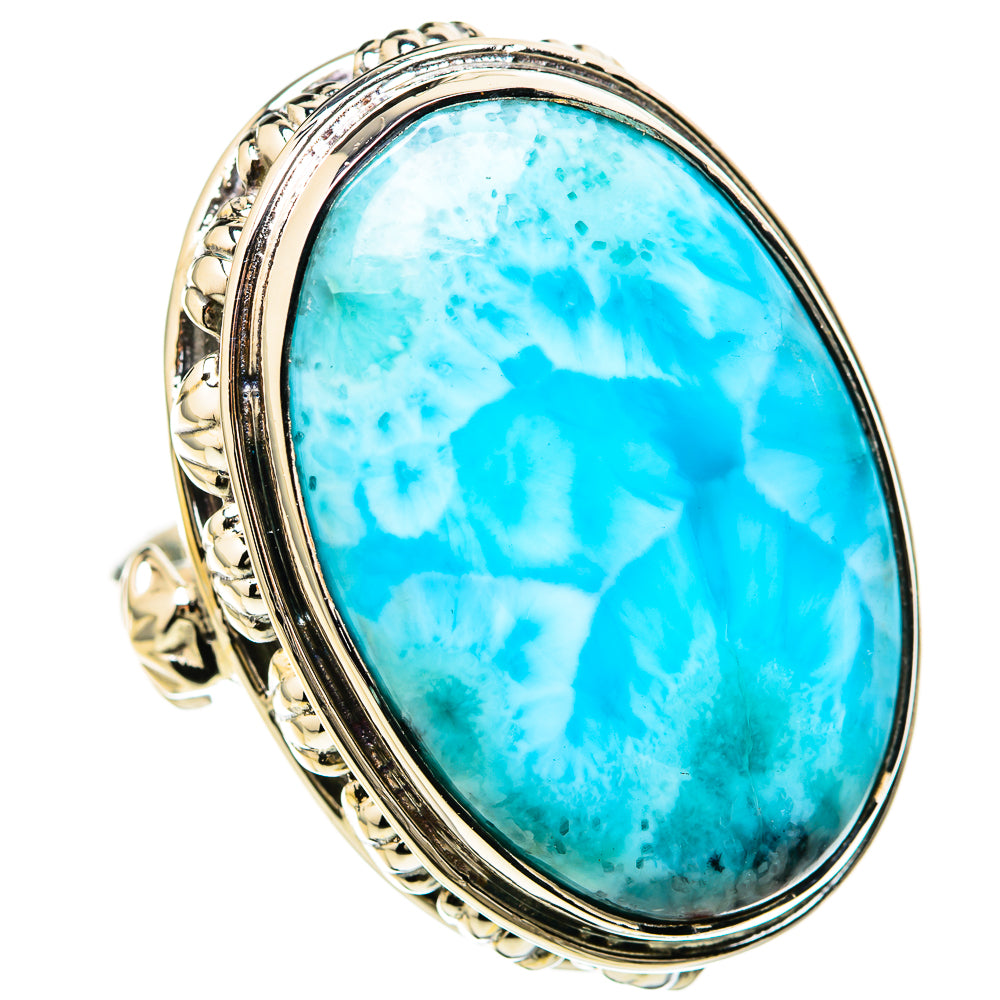 Oval turquoise larimar gemstone ring in 925 sterling silver with ornate bezel