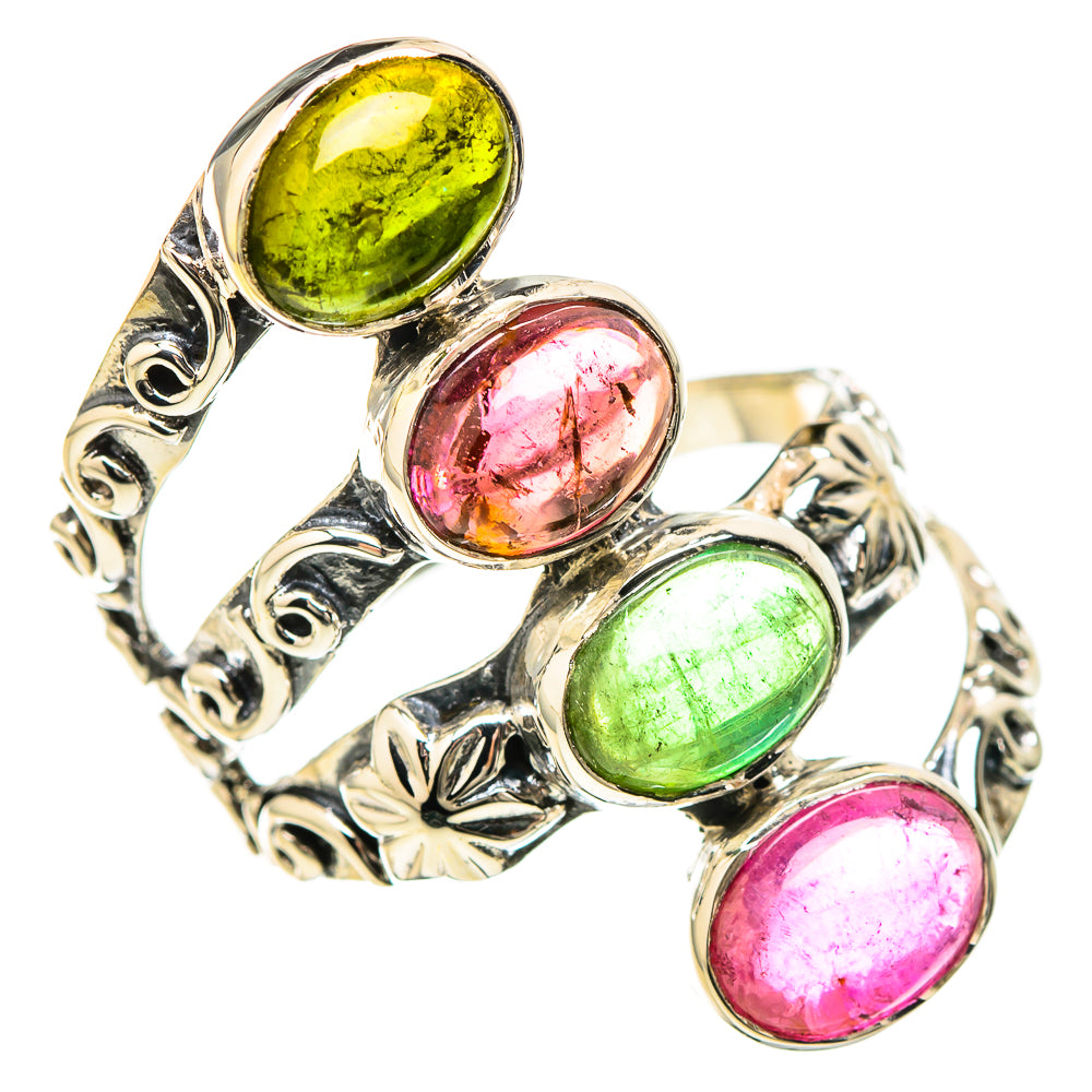925 sterling silver ring with four oval natural gemstones in green and pink
