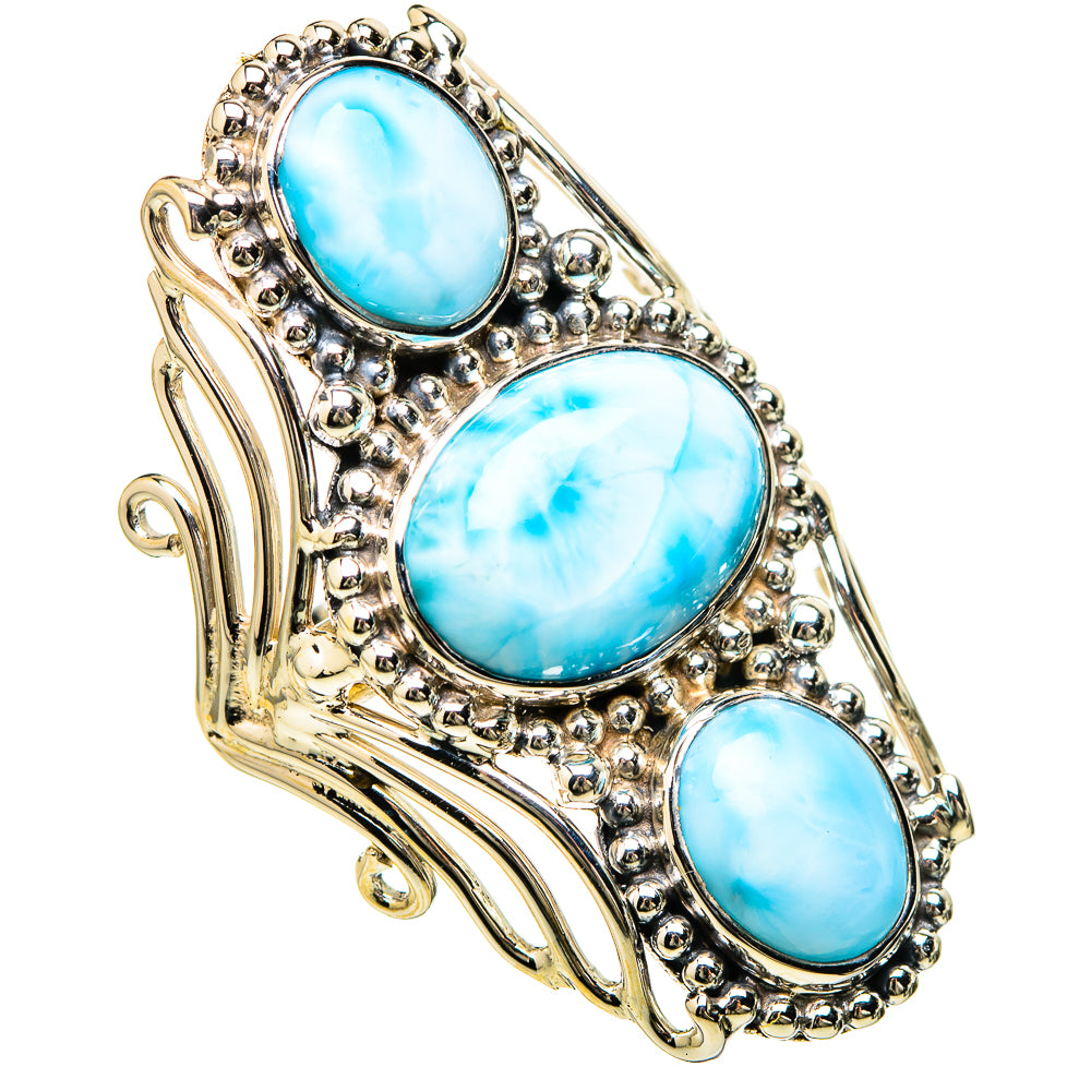 Sterling silver cuff-style ring with three oval blue larimar stones and bead borders
