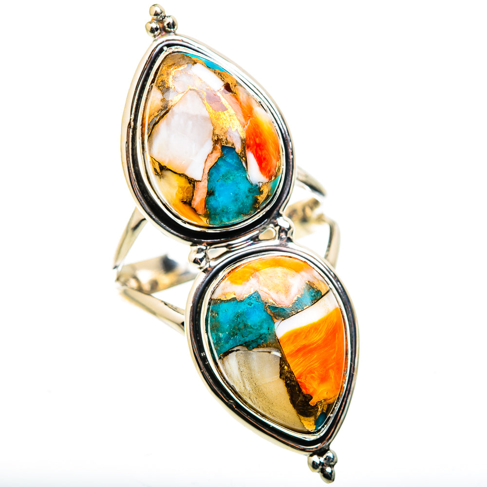 Stacked teardrop stone ring with turquoise and orange mottled inlay on silver prongs