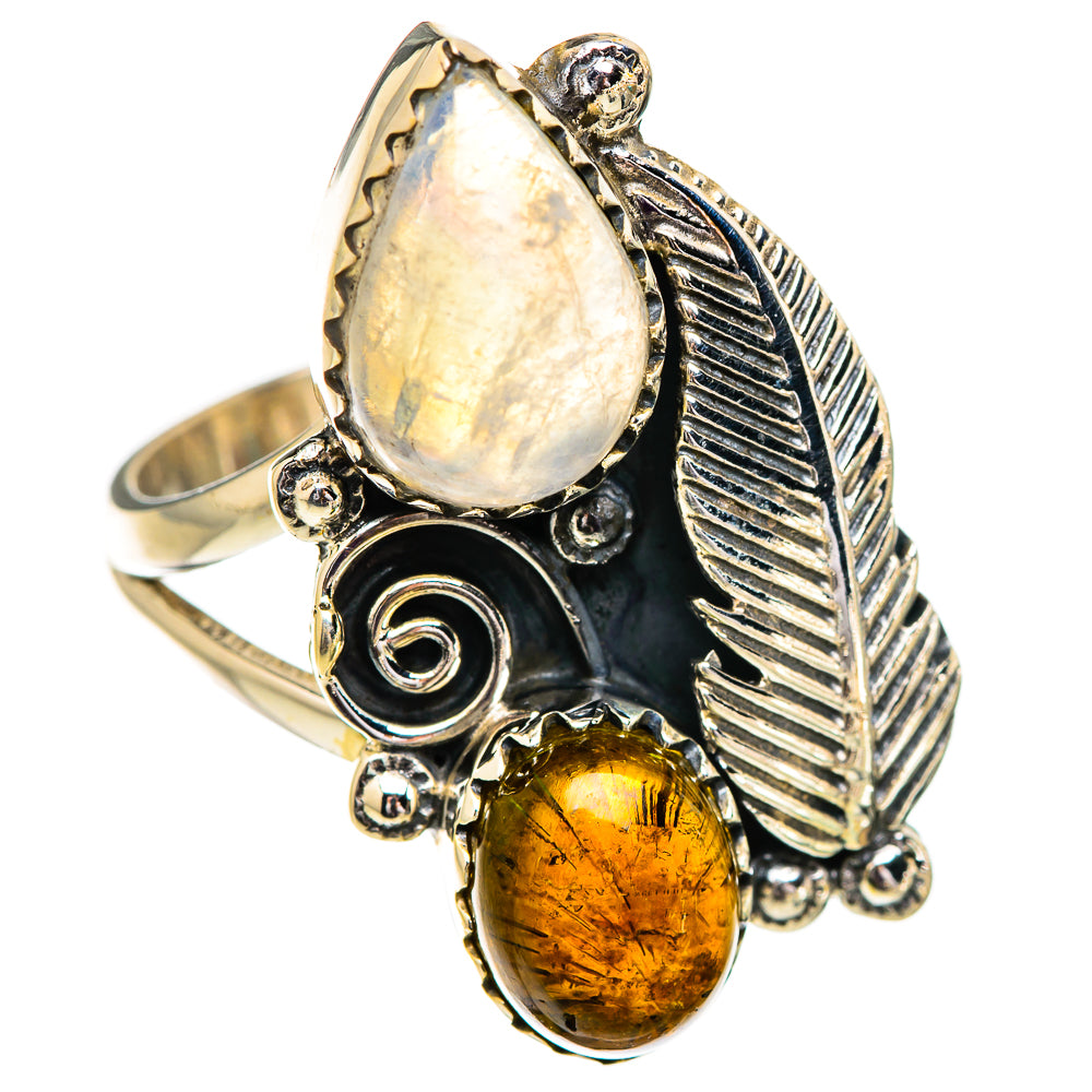 Sterling silver gemstone ring with opalescent teardrop, smoky quartz oval, leaf and black accents