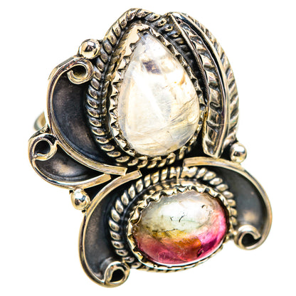 Sterling silver ring with moonstone and watermelon tourmaline cabochons, ornate prong setting