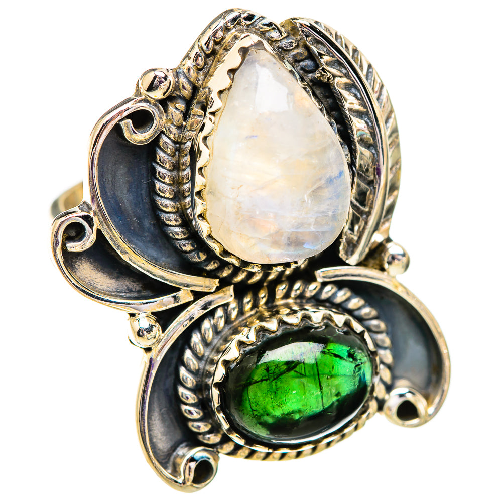 Sterling silver ring with moonstone teardrop and oval green tourmaline setting