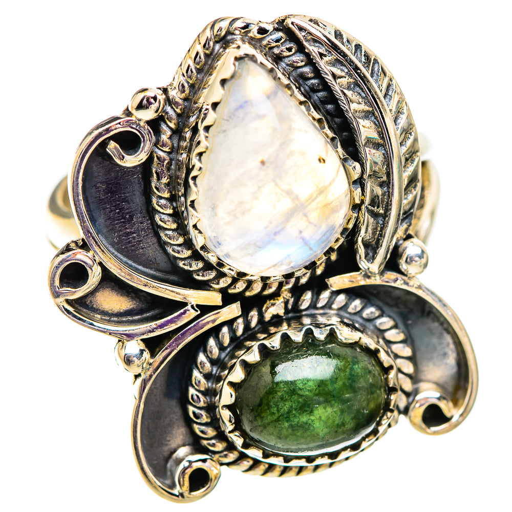 Silver-tone oval moonstone and oval green gemstone ring with ornate rope setting