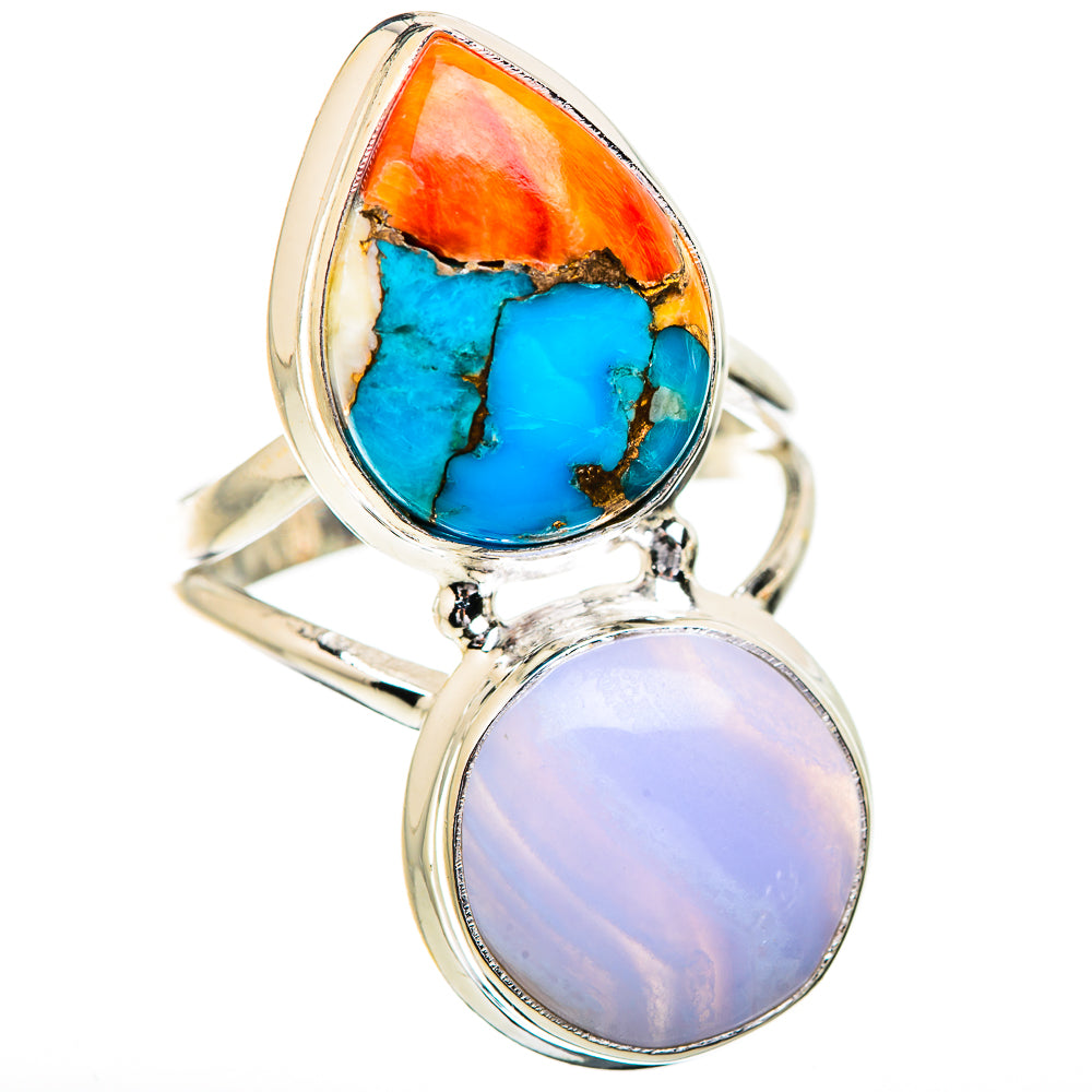 Silver ring featuring oval turquoise spiny oyster and lavender blue lace agate