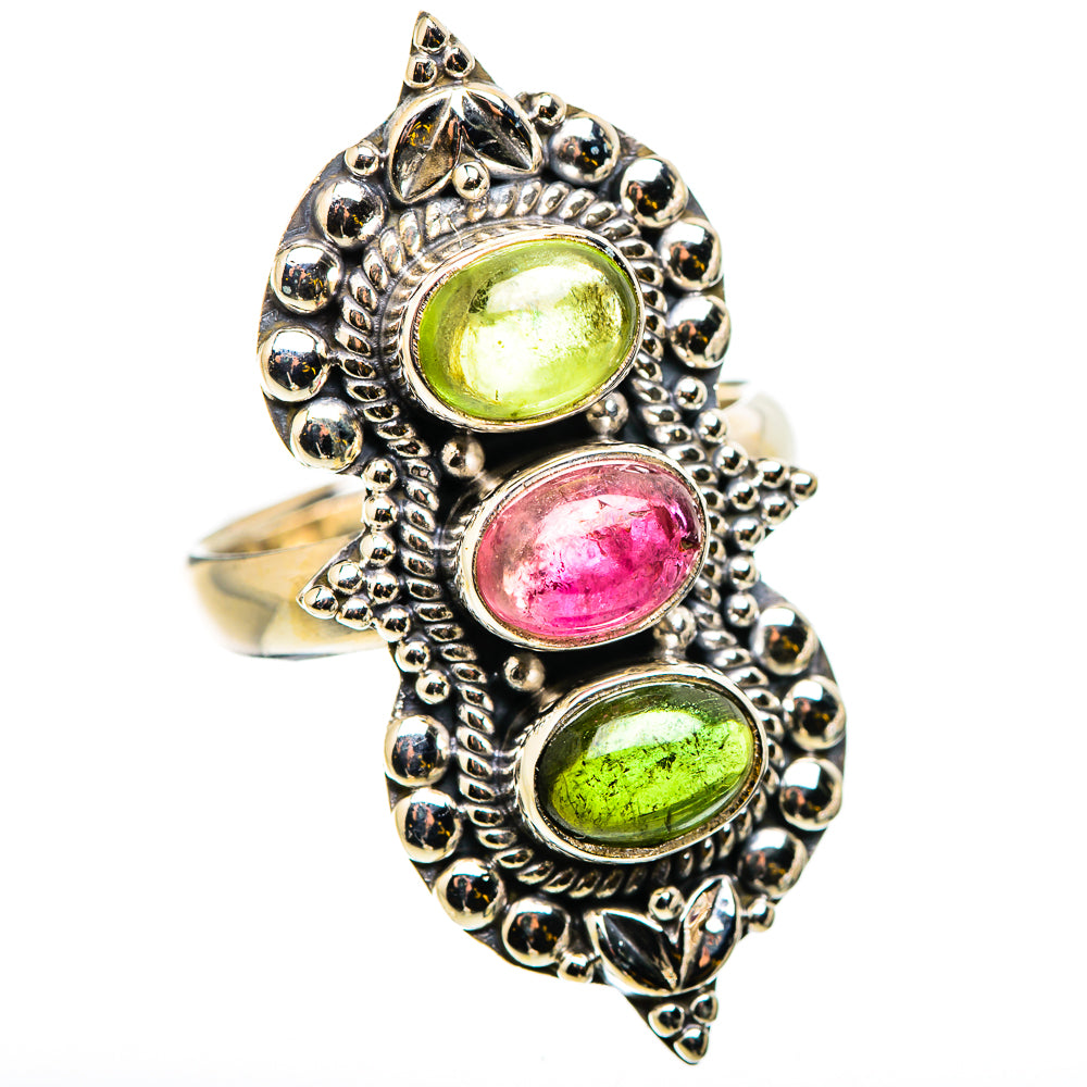 Sterling silver oval gemstone ring featuring green, pink, and green stones in a decorative frame.