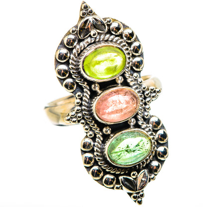Sterling silver ring with three oval tourmaline stones in green and pink, ornate bezel