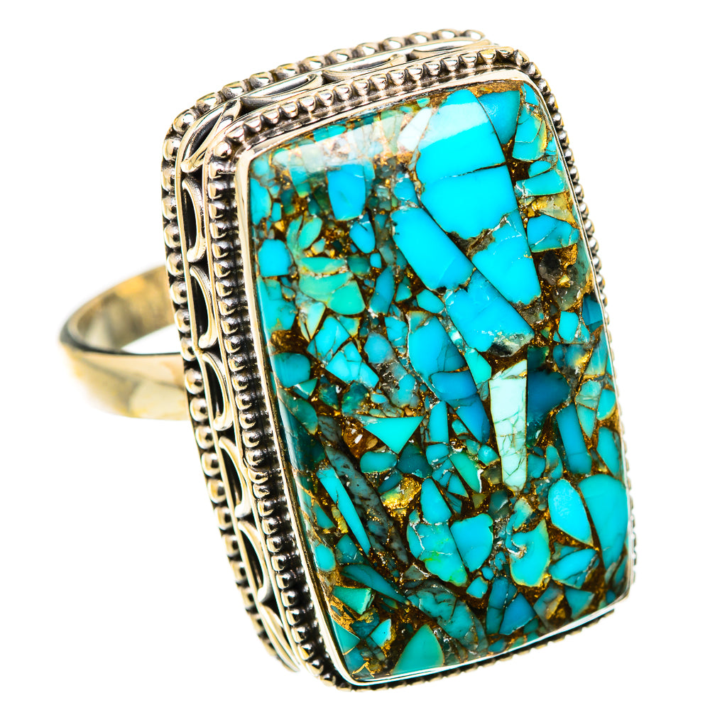 Turquoise composite stone cocktail ring with ornate silver-tone bezel, size 10.25