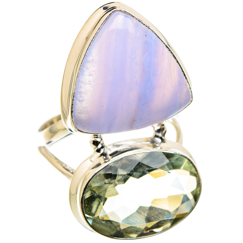 Sterling silver ring with a lavender teardrop stone and green oval gemstone, prong set