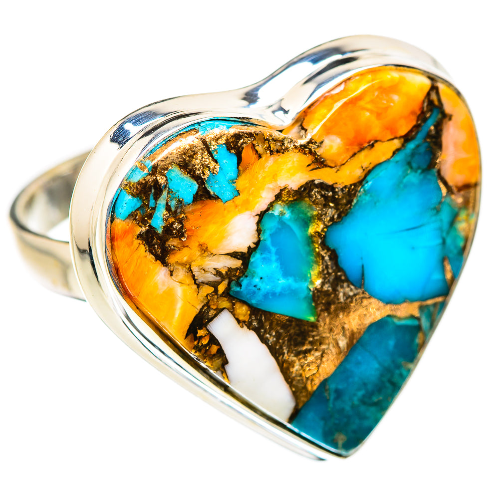 Heart-shaped turquoise and orange stone ring in polished 925 sterling silver