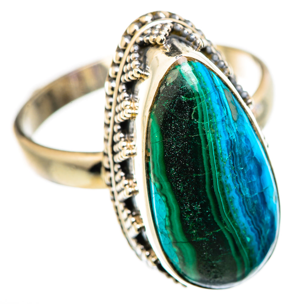 Oval malachite-and-chrysocolla cabochon ring in silver, vivid blue-green marbled stone