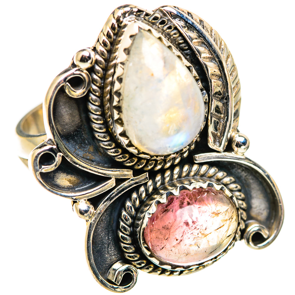 Silver-tone ring with large oval moonstone top setting and oval pink tourmaline bezel