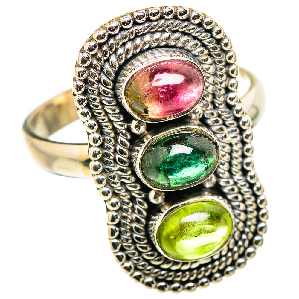 Sterling silver ring featuring three oval tourmalines with beaded halo bezels: pink, green, lime