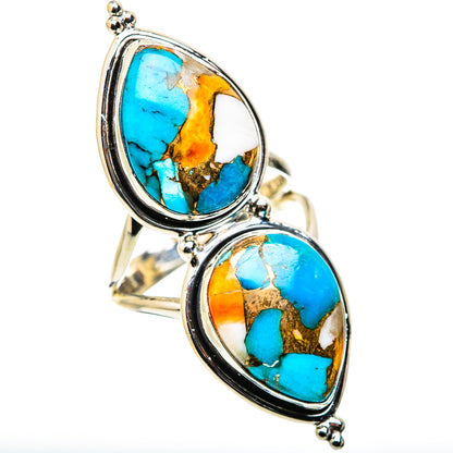925 sterling silver double oval turquoise spiny oyster cabochon ring with details