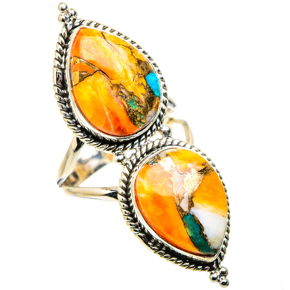 Sterling silver ring with oval spiny oyster cabochons and turquoise inlays
