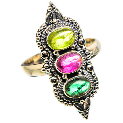 Antique-style sterling silver ring with green, pink, and teal oval stones in beaded setting