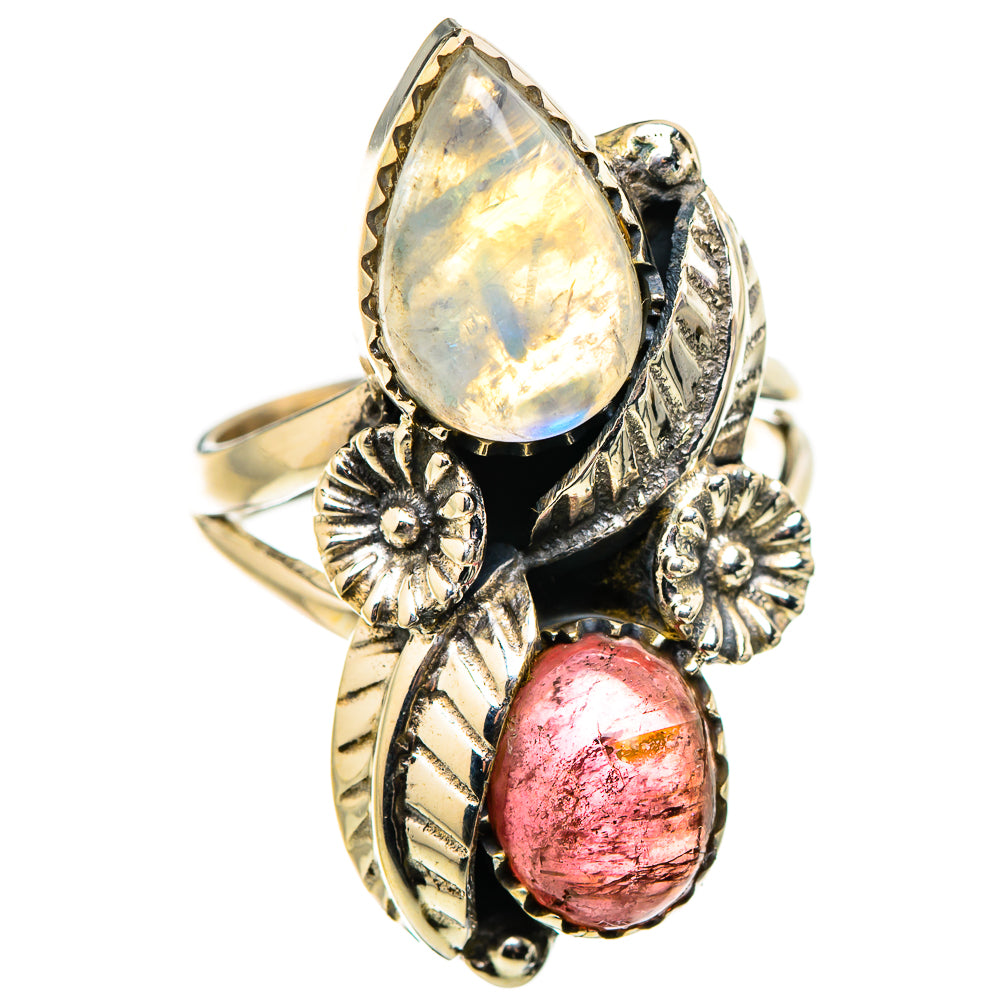 Gold-tone ring with pear-shaped rainbow moonstone and pink oval tourmaline