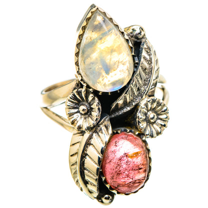 Gold-tone ring with pear-shaped rainbow moonstone and pink oval tourmaline