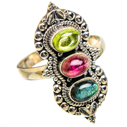 Silver statement ring with green, pink, and blue oval gemstones, size 11