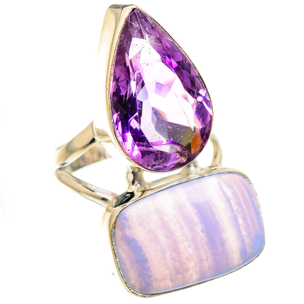 Sterling silver double-stone ring with purple amethyst teardrop and pale lavender cabochon
