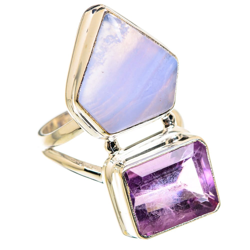 Sterling silver ring with purple amethyst and light blue lace agate, open frame square bezels