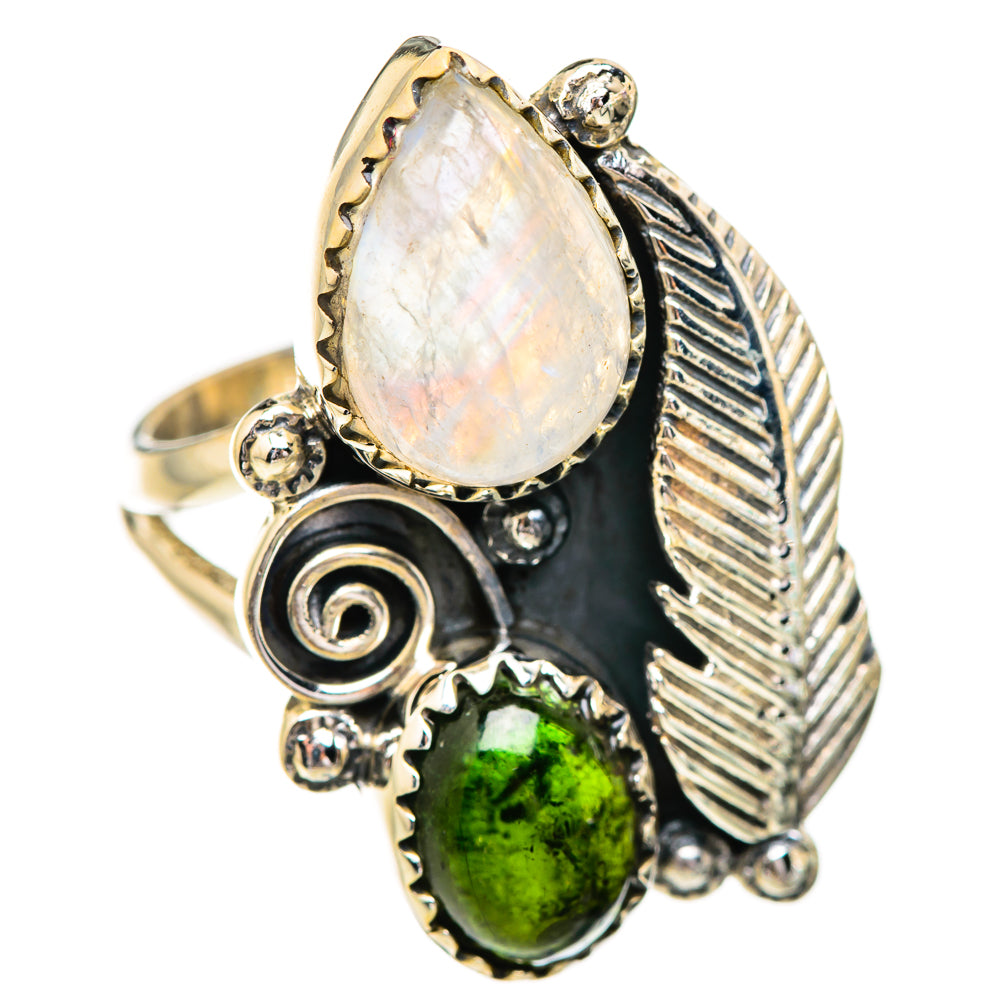 Sterling silver ring with pear opalescent moonstone, green teardrop tourmaline, ridged band